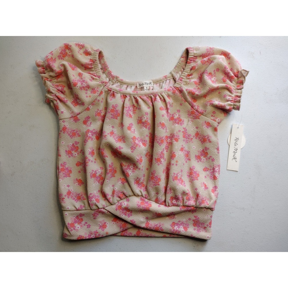 Kate‎ Mack Girls Floral Puff Sleeve Wrap Hem Top Size 5 Tan Pink Orange NWT